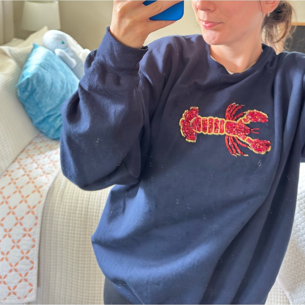Navy Sweatshirt with Embroidered Red Lobster